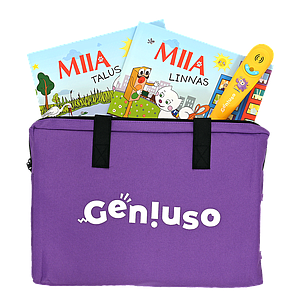 Geniuso MIIA põhikomplekt: pliiats, rääkivad raamatud "Talus" ja "Linnas" ning kandekott