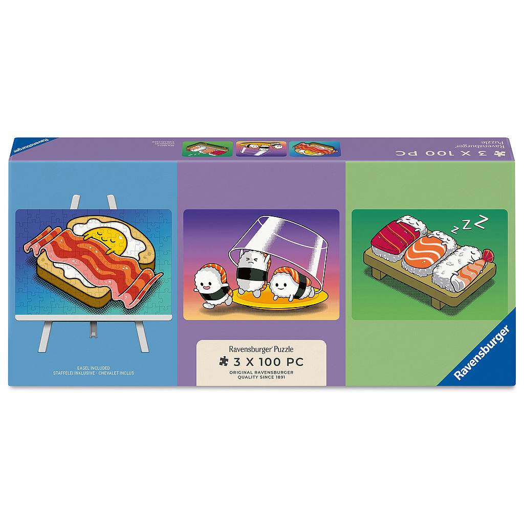 Ravensburger Puzzle 3x100 Pieces: Kawaii Breakfast, Lunch and Dinner & Easel Set